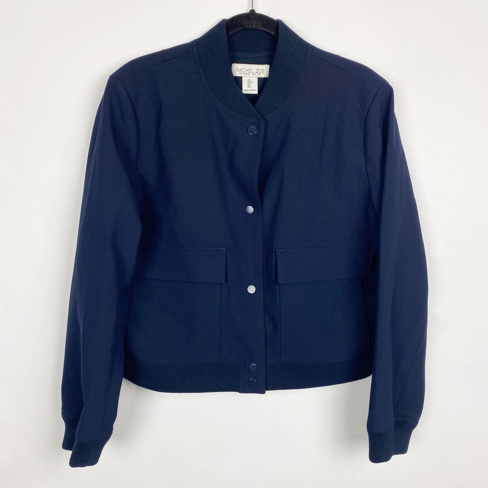 Rachel Zoe Snap Front Ribbed Trim Utility Bomber Jacket Womens Large Navy Blue